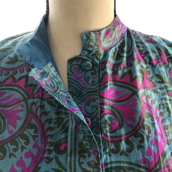 🎄100% silk tunic/shirt button front SZ L pink/blue - Picture 8 of 12